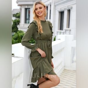 High Neck A-line Polyester Midi Dress